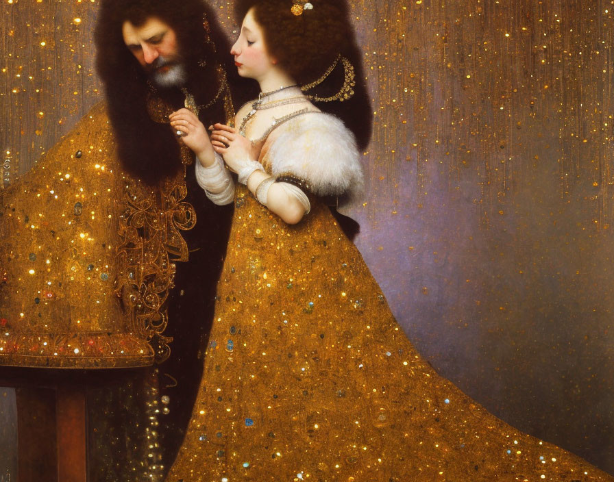 Bearded man and woman in gold clothing with starry background