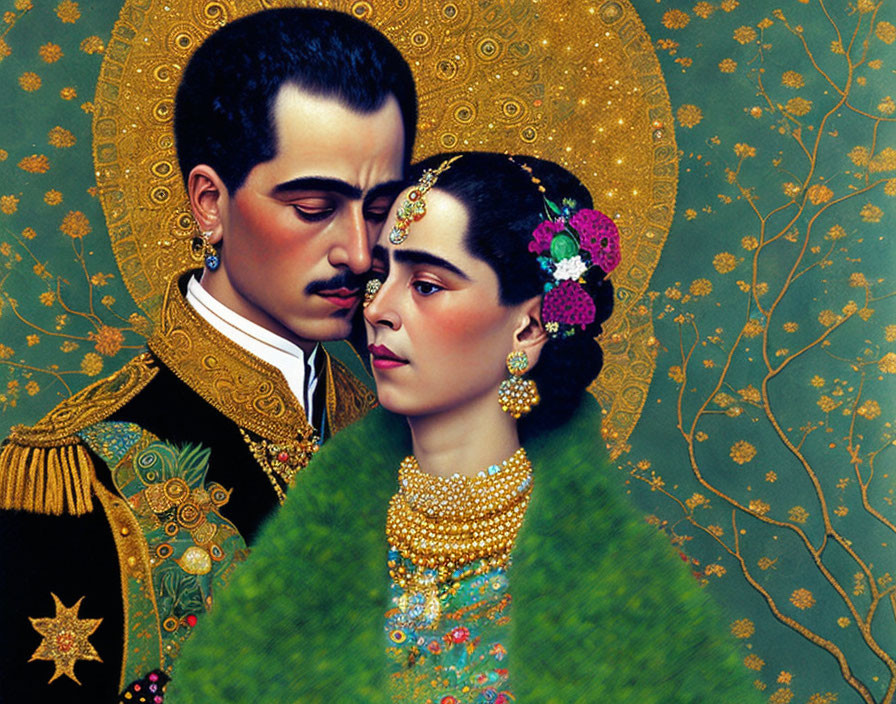 Vibrant portrait of man and woman in ornate attire with gold patterns and floral backdrop