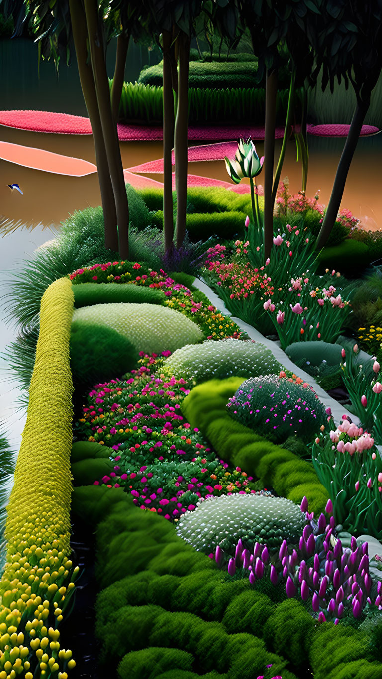 Digital artwork of vibrant garden with greenery, flowers, paths, and water bodies