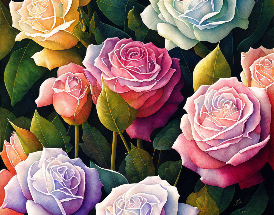 Colorful Roses Painting with Dark Green Leaves on Shaded Background