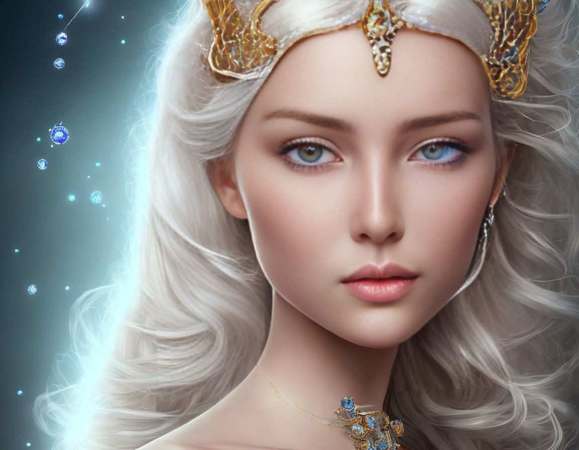 Fantasy digital portrait of a woman with white hair and blue eyes