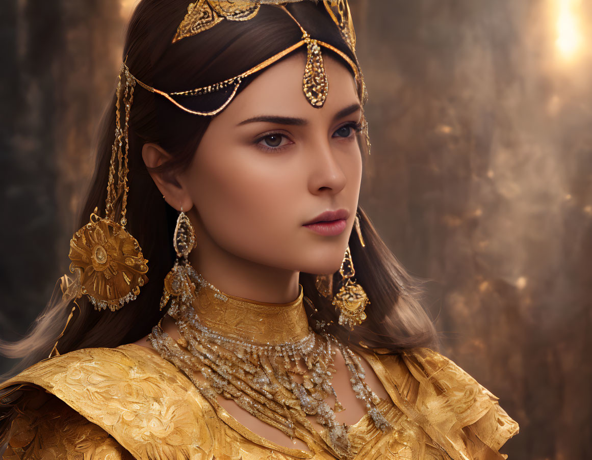 Regal woman in golden attire against mottled backdrop