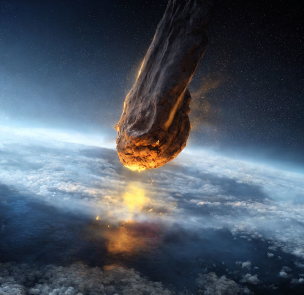 Massive asteroid blazing through Earth's cloudy sky.