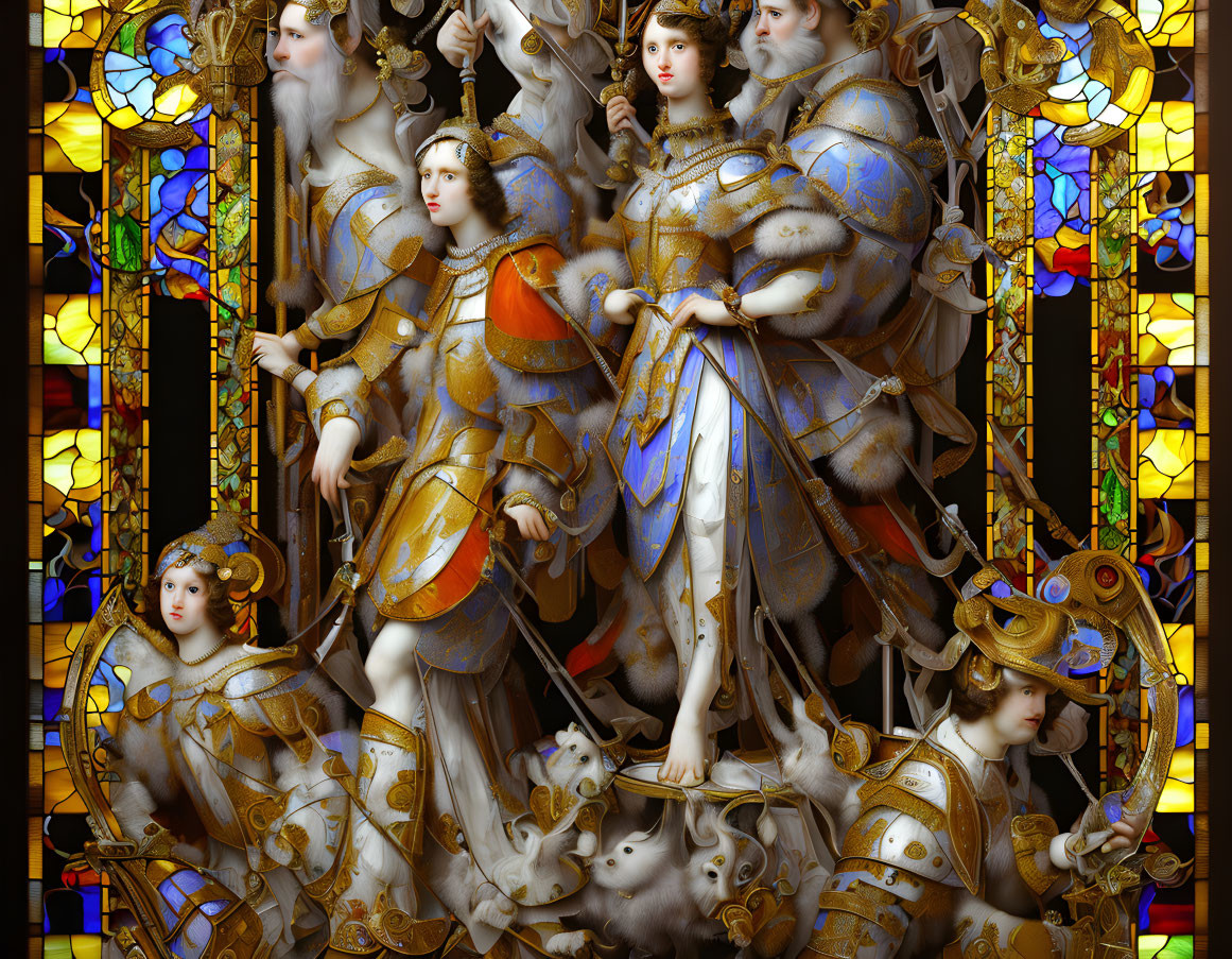 Armored angelic figures in stained glass style illustration