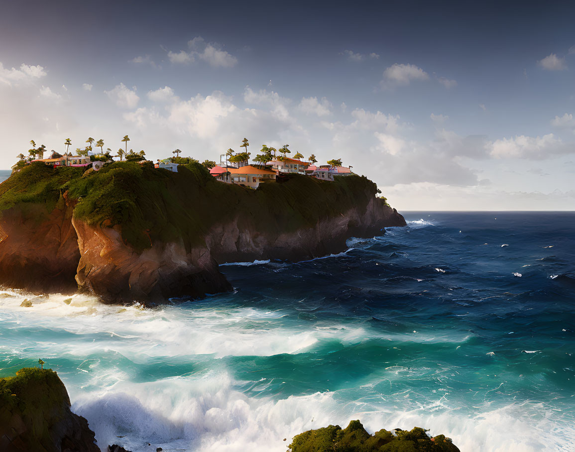 Luxury homes on lush green cliff above turbulent ocean under dramatic sky