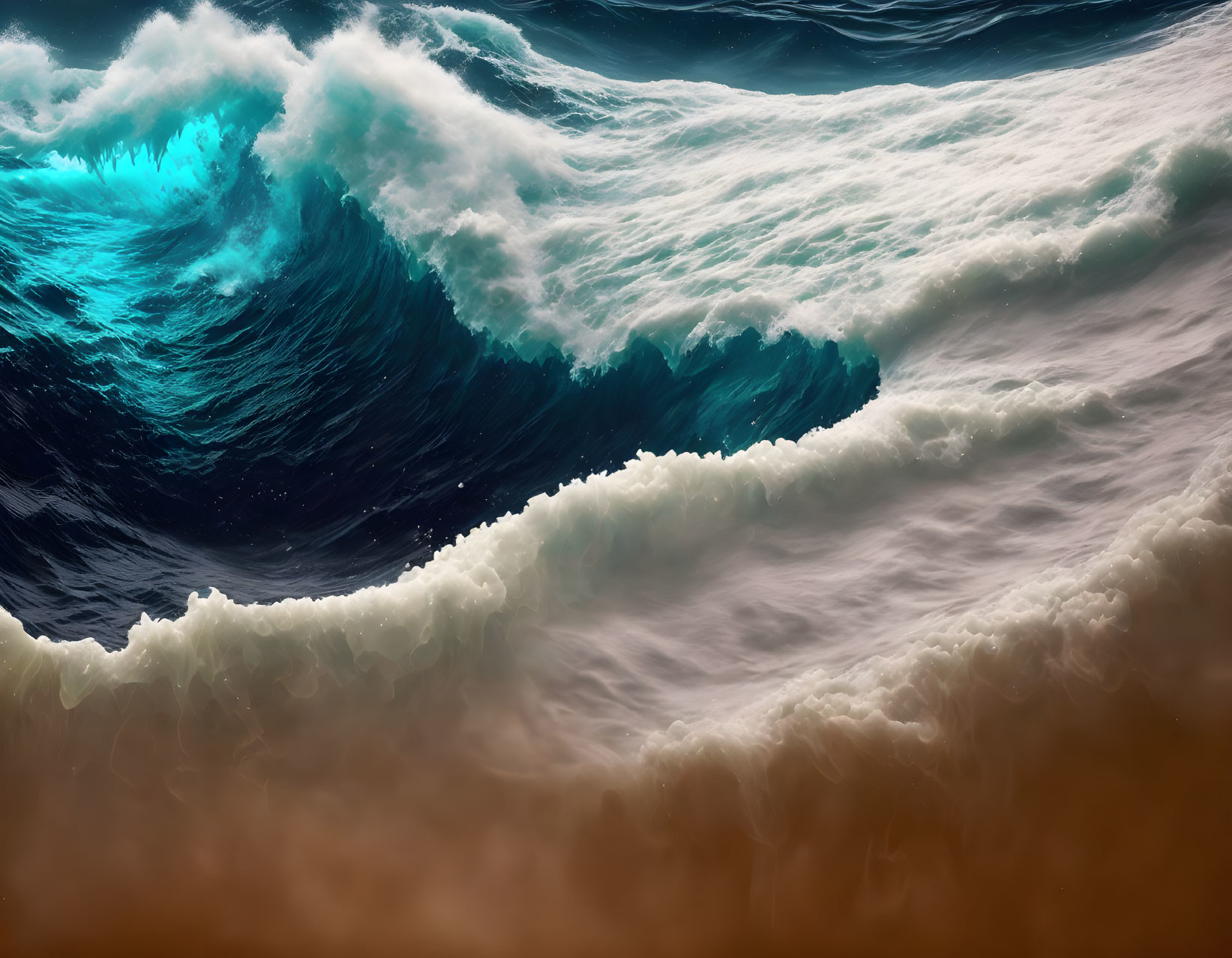 Powerful Ocean Wave Crashing on Sandy Beach