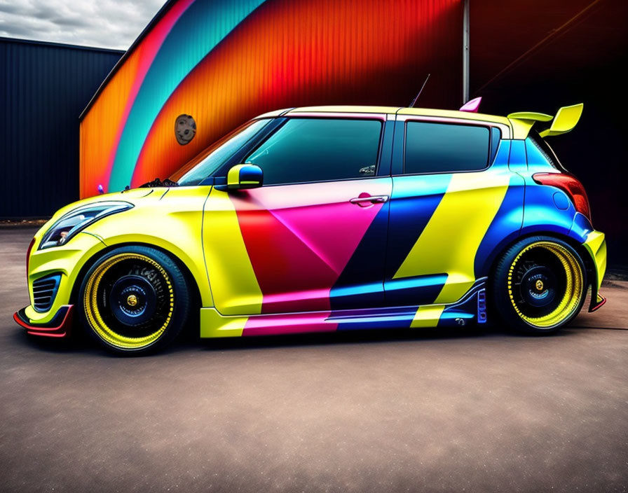 Multicolored Custom Car with Geometric Design and Aerodynamic Body Kit