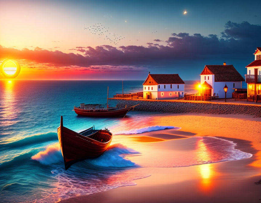 Tranquil sunset beach scene with boat, houses, and radiant sun