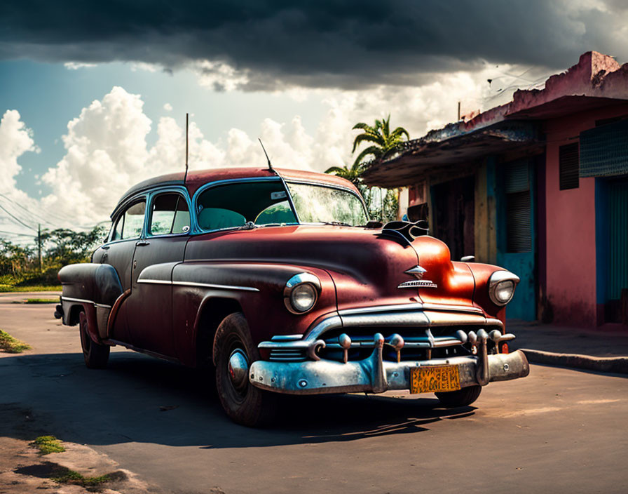 Vintage Red Car Parked on Street with Aged Buildings and Cloudy Sky