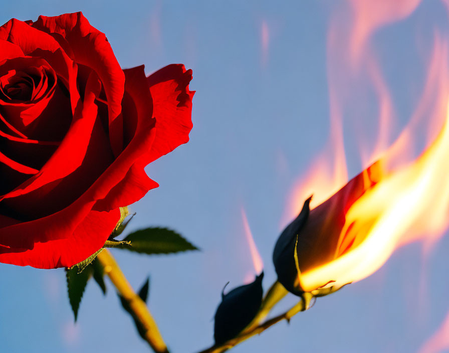 Red Rose in Focus with Blurred Background and Flame Engulfing Another Rose