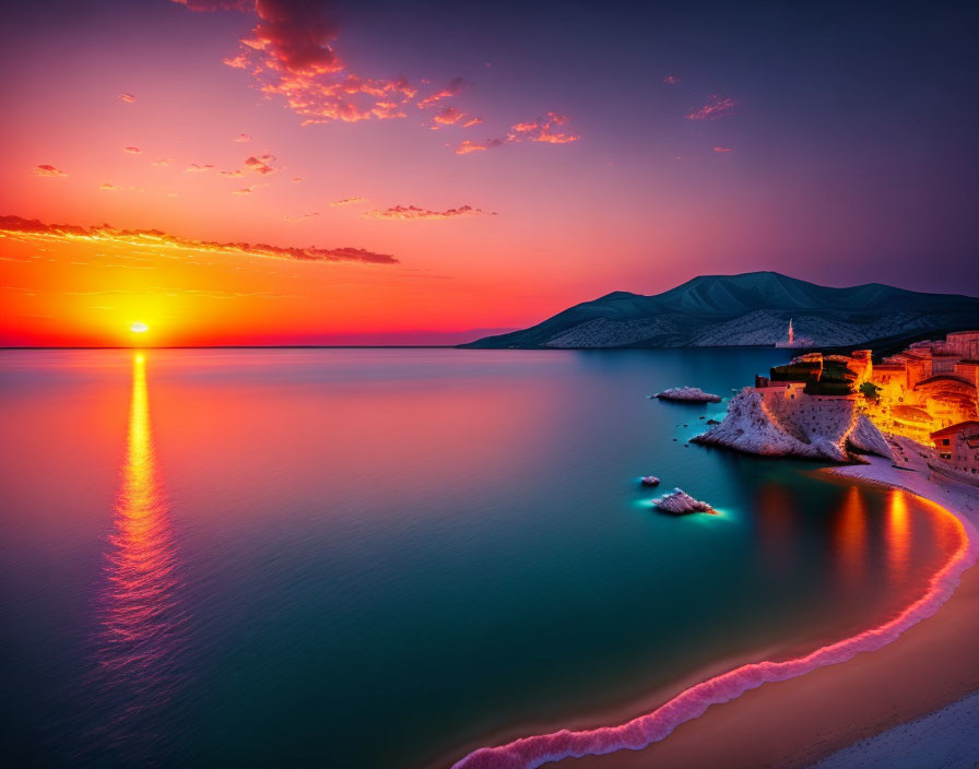 Scenic sunset over tranquil sea with shoreline, clouds, mountains, and boats