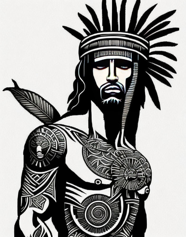 Monochrome illustration of male figure with tribal tattoos and feathered headband