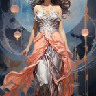 Celestial Figure in Ethereal Gown Against Mystical Backdrop
