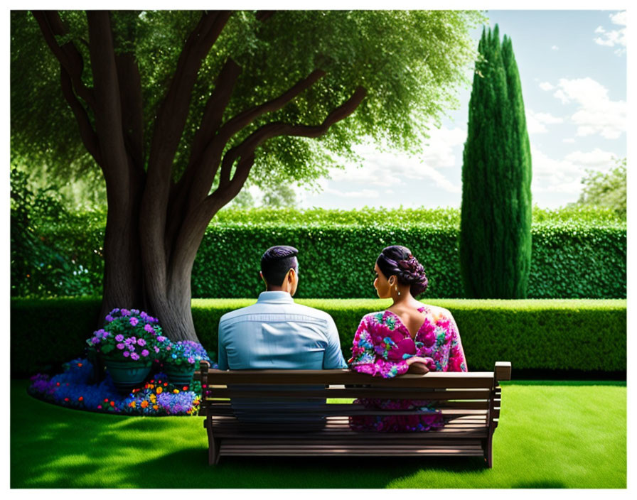 Couple sitting on park bench surrounded by vibrant greenery and colorful flowers