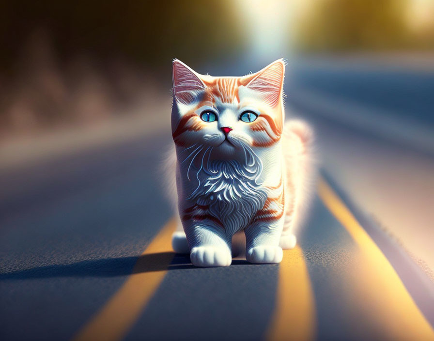 Orange and White Striped Kitten with Blue Eyes in Sunlit Road