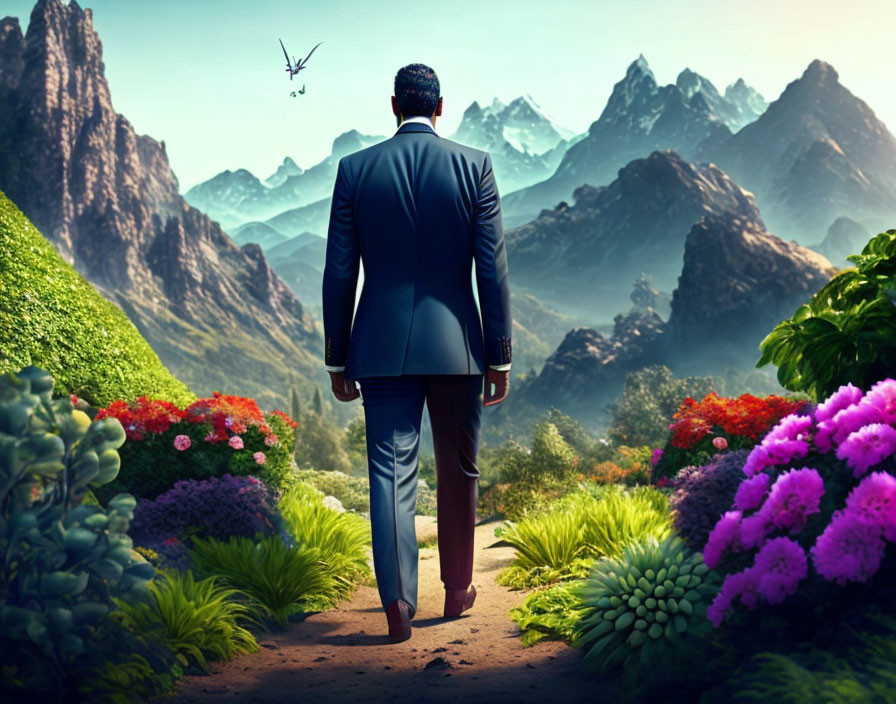 Businessman in suit gazes at vibrant mountain landscape with flying bird