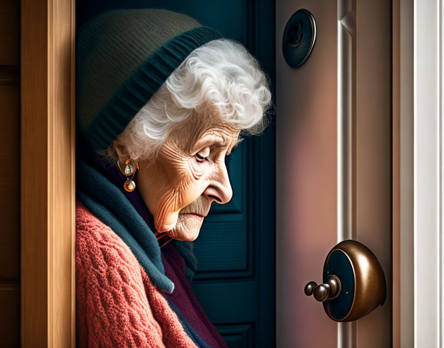 Elderly woman with white hair and green hat looking outside.