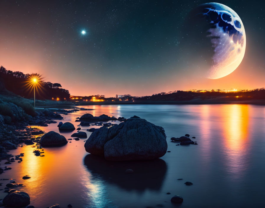 Twilight riverscape with imposing moon and sparkling stars