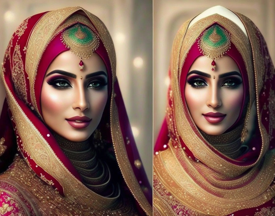 Traditional woman in red and gold hijab with maang tikka portrait.