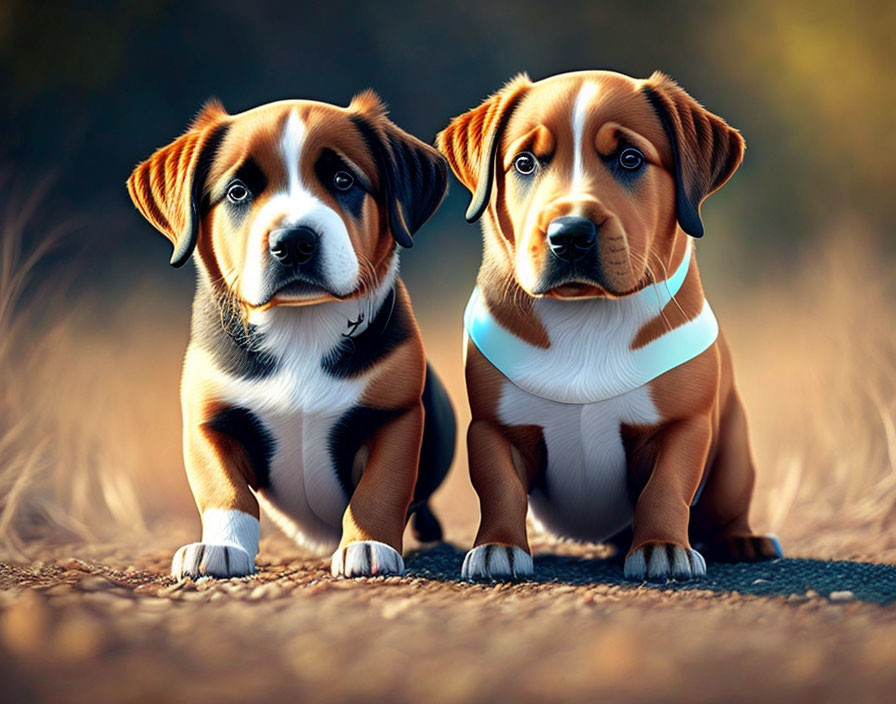 Brown and White Fur Puppies Outdoors with Soft-Focused Background