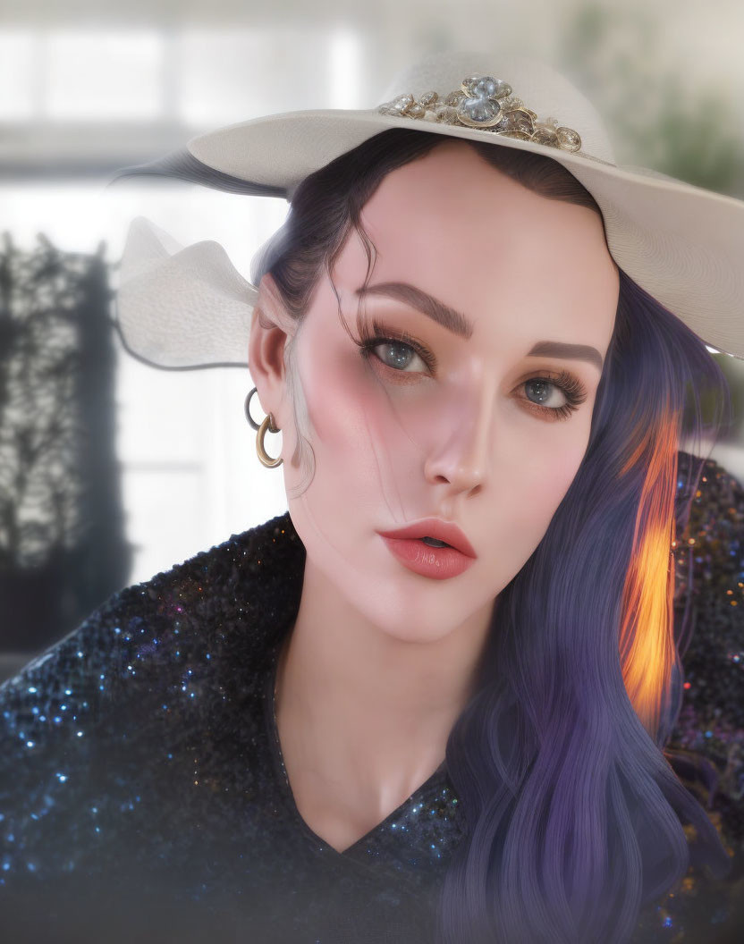 Stylized portrait of a person with blue eyes and purple hair in hat and sparkly top