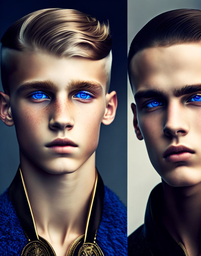 Portraits of a person with blue eyes and styled hair on dark background