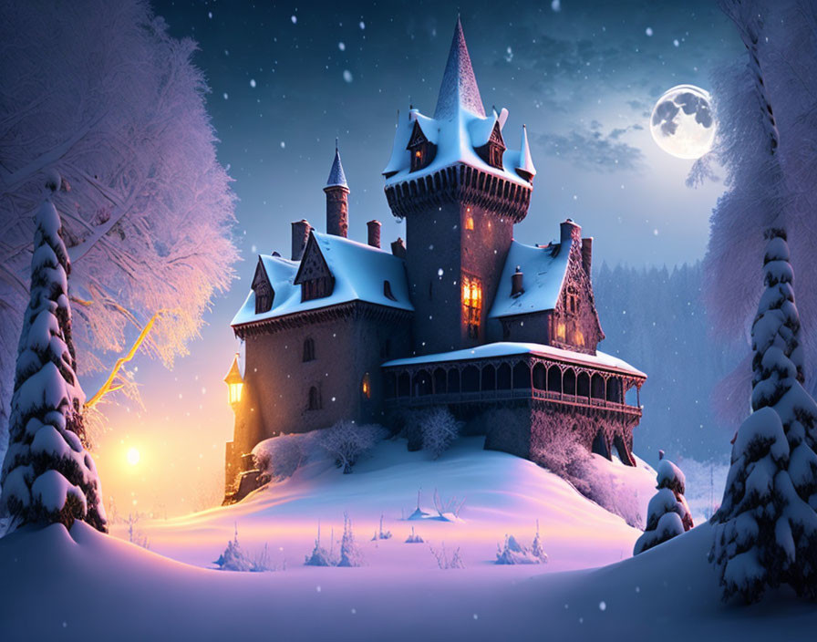 Snow-covered castle at night with full moon and starry sky, illuminated by warm lights.