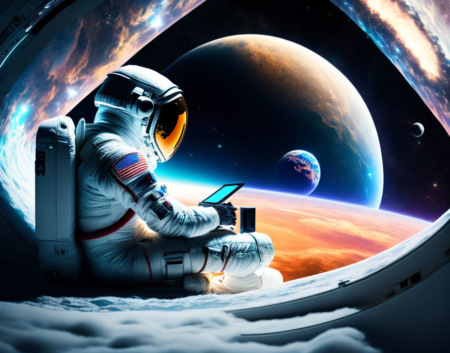 Astronaut with tablet observing Earth and cosmos from spacecraft