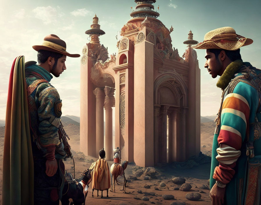 Men in ornate ponchos and wide-brimmed hats in desert palace setting with camels.