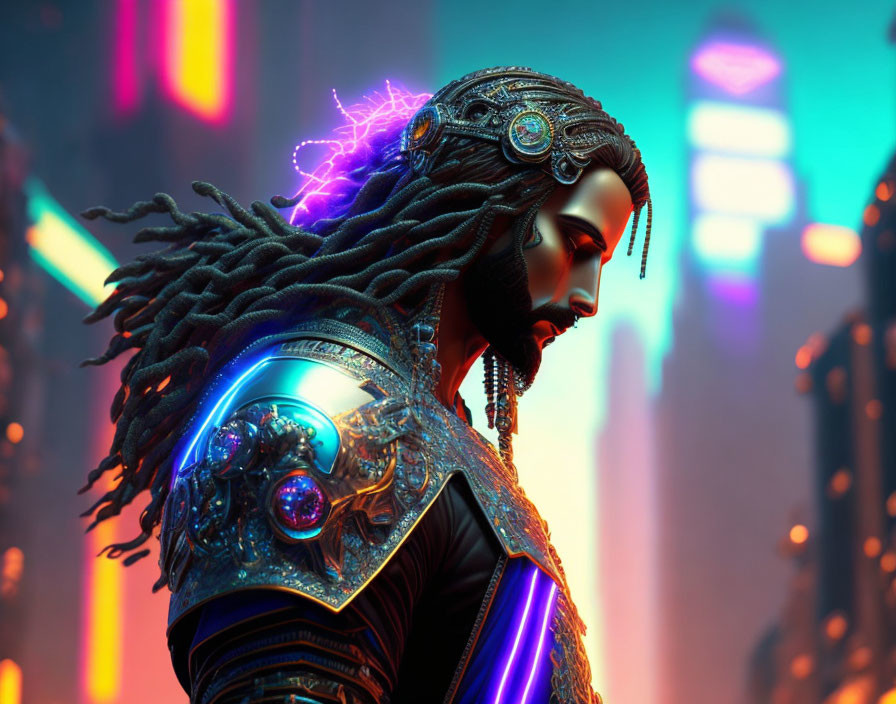 Futuristic warrior with glowing armor and cybernetic enhancements in neon cityscape