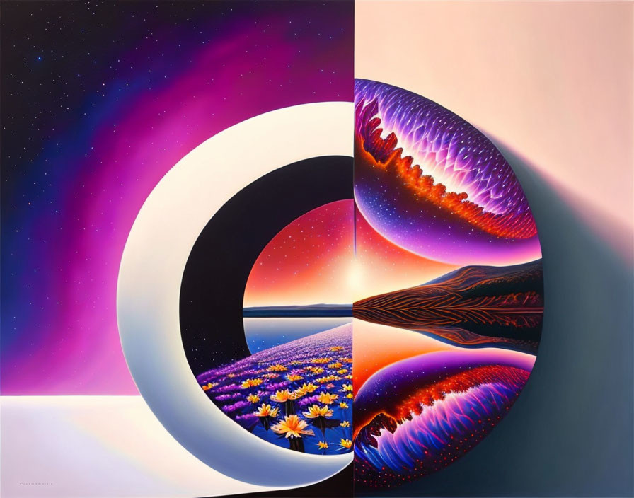 Surreal painting with cosmic and vibrant wave elements