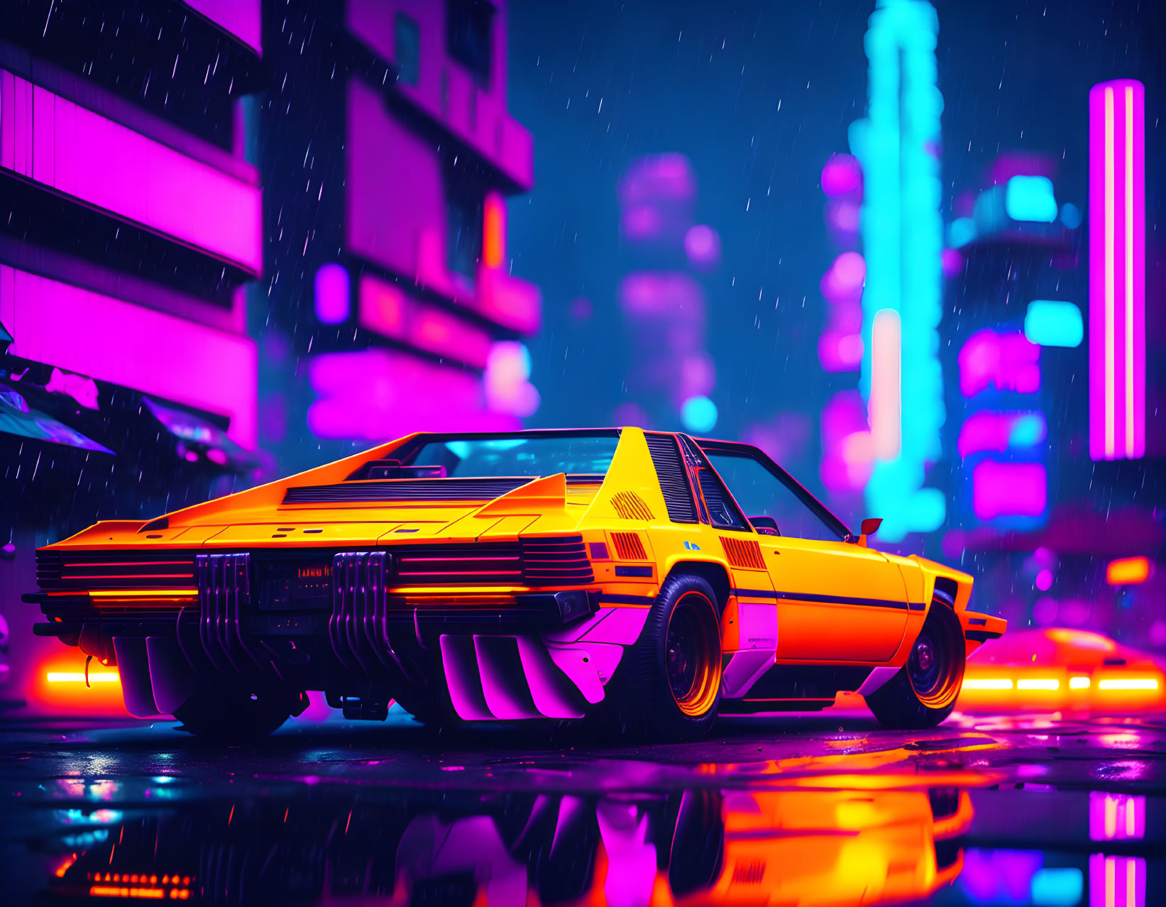 Yellow Retro-Futuristic Car in Neon-Lit Rainy City Street