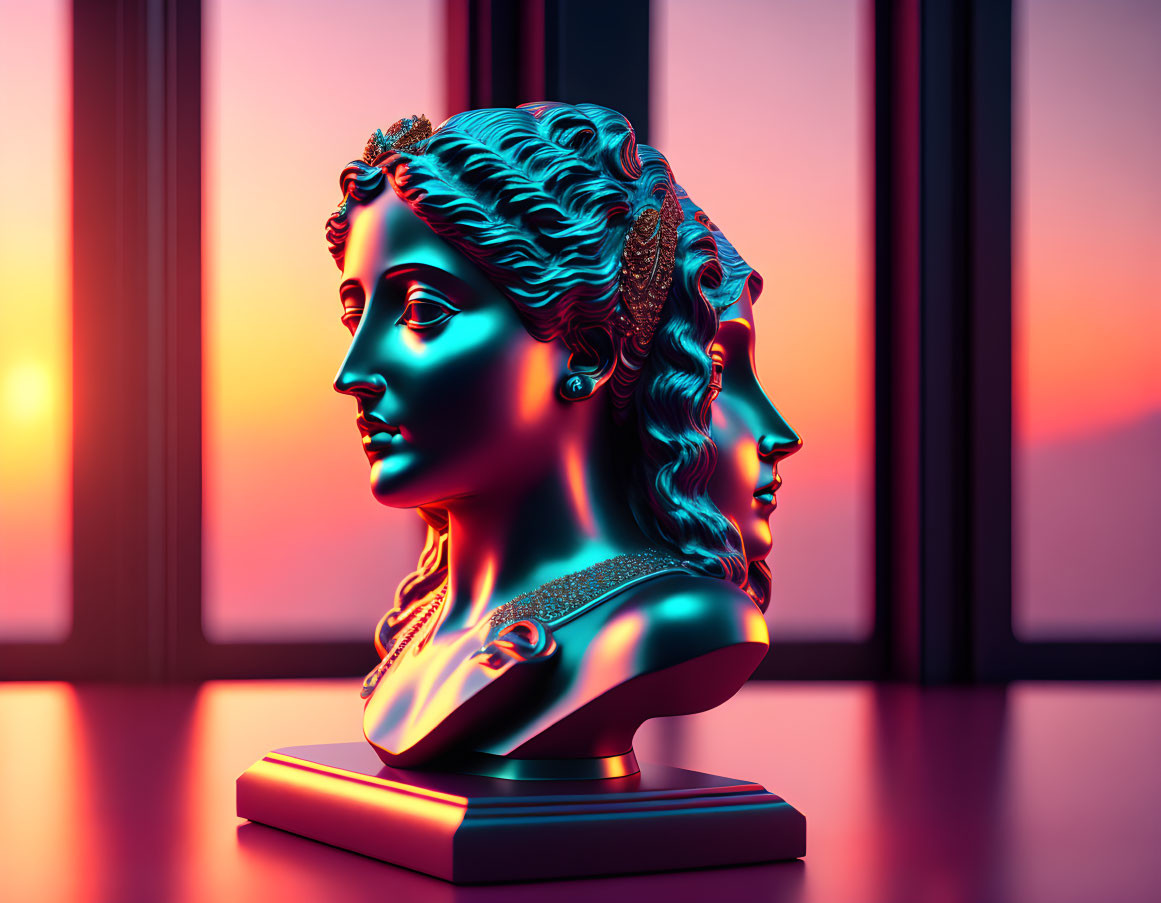 Colorful 3D dual-faced female bust with curly hair in neon hues against sunset backdrop.