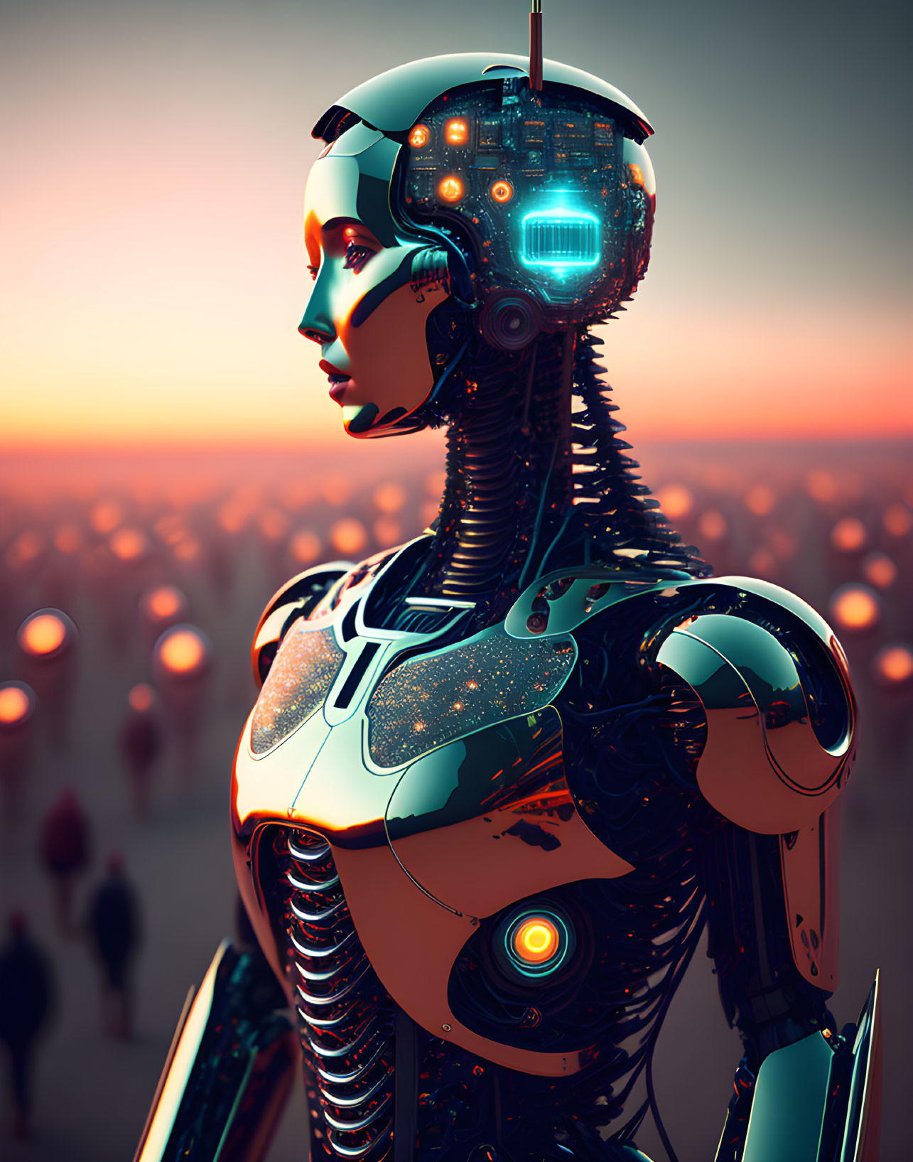 Detailed Female Android Among Crowd Against Sunset Backdrop