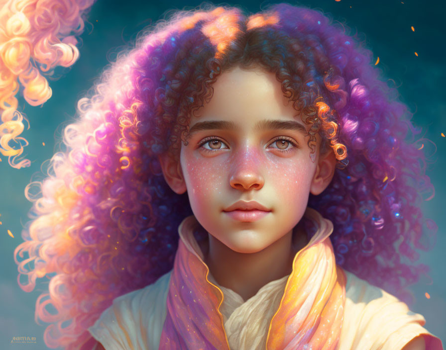 Vibrant digital portrait of a young person with colorful curly hair