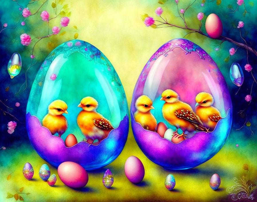 Vibrant Easter illustration with chicks, eggs, and flowers