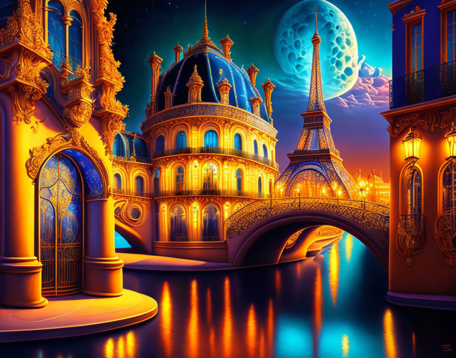 Vibrant night scene with ornate palace, Eiffel Tower, and luminous moon