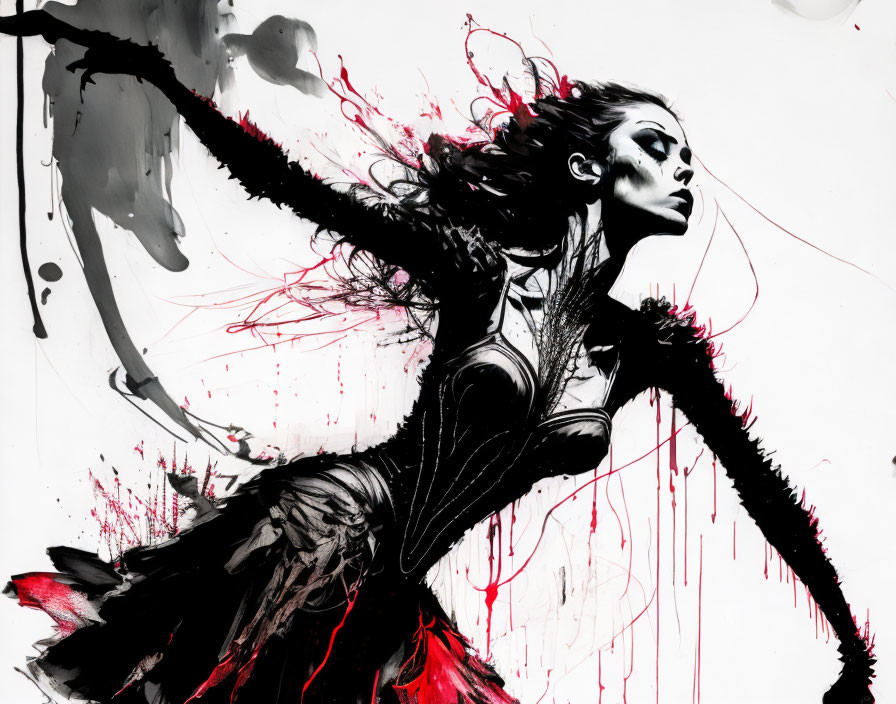 Monochromatic female figure with dynamic black strokes and red splashes