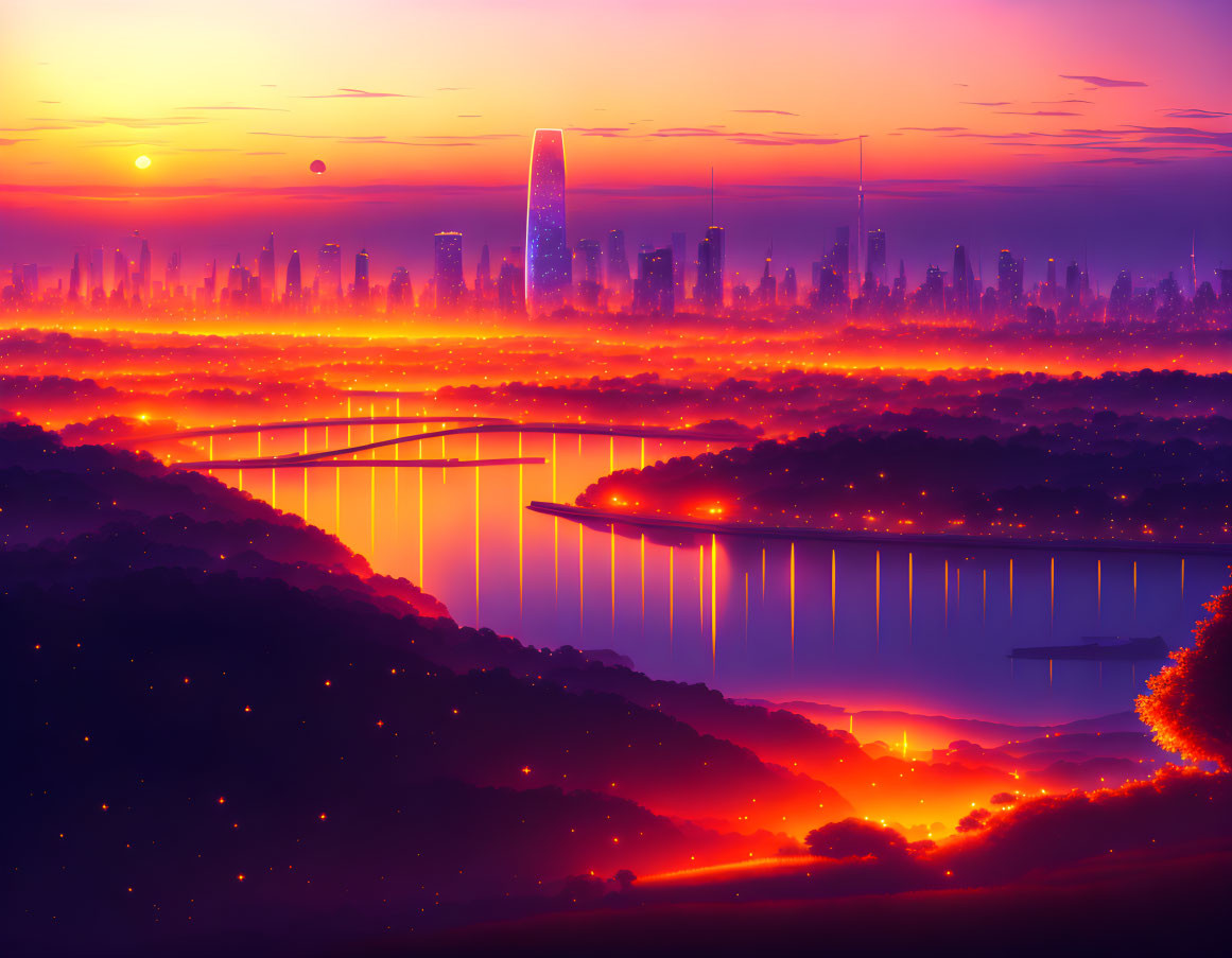 Sunrise cityscape with skyscraper silhouette and vibrant purple and orange hues.