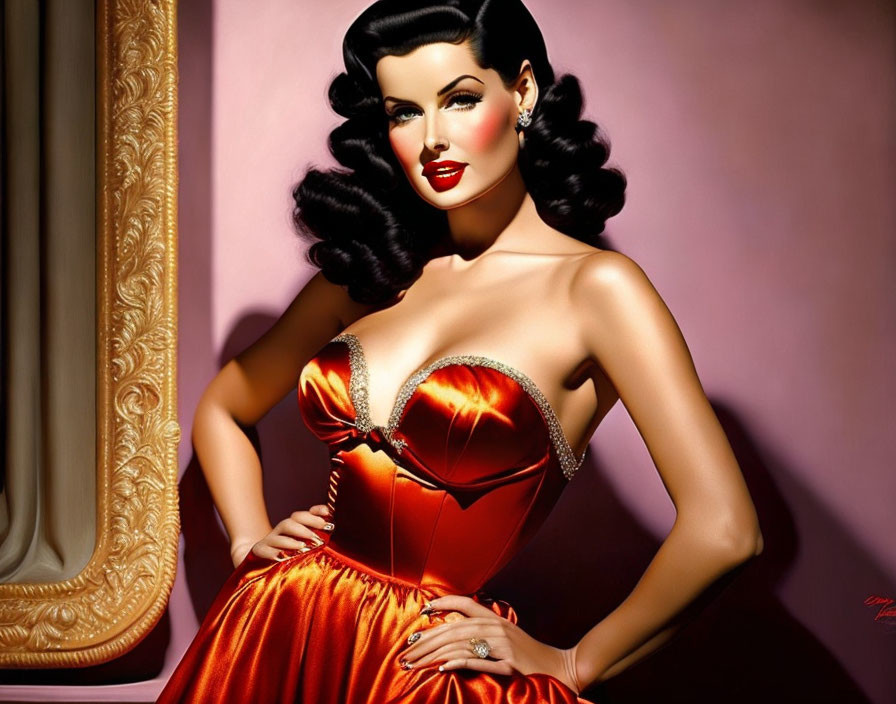 Vintage Glamor Style Woman Illustration: Dark Wavy Hair, Red Dress, Elegant Makeup