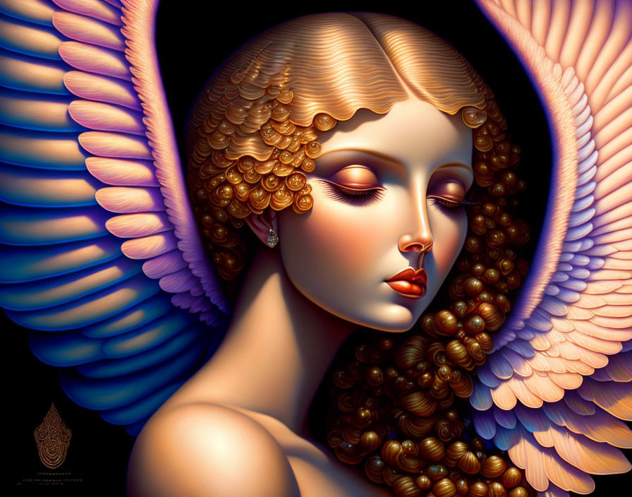 Illustrated woman with stylized wings and intricate hair details in warm, golden tones