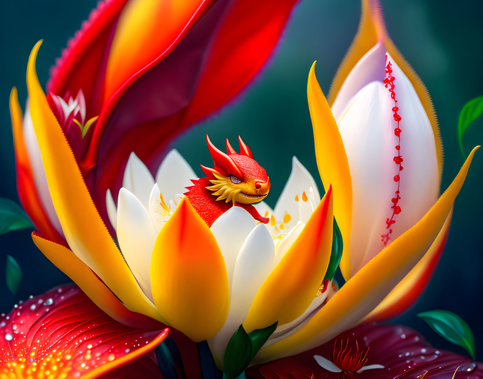 Colorful illustration: Miniature red dragon in white and yellow flower with red blooms