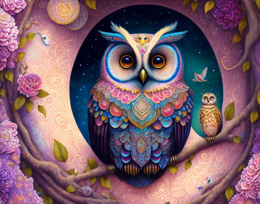 Colorful Stylized Owl Illustration in Floral Night Scene