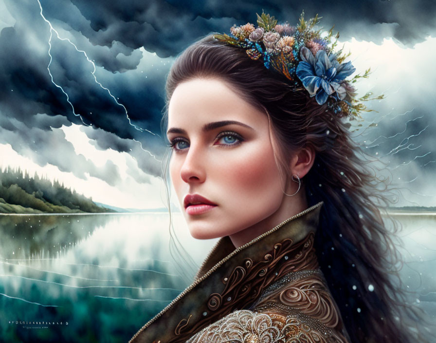 Digital painting of woman with blue flowers, stormy sky, calm lake