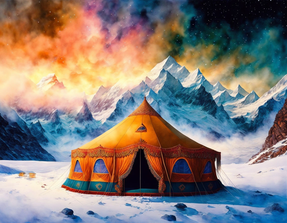 Colorful ornate tent against snowy mountains under surreal starry sky blending into daytime.