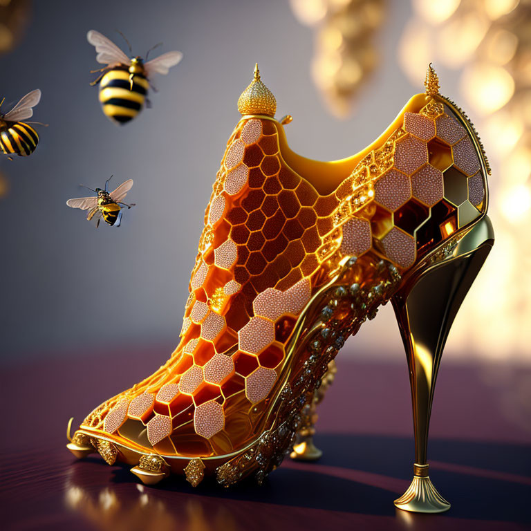 Honeycomb Design High-Heeled Shoe with Bees on Burgundy Background