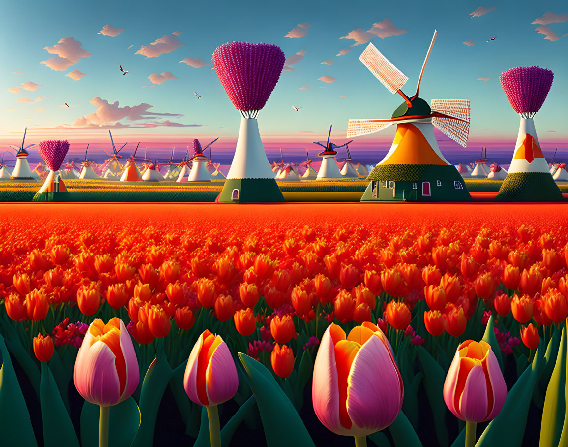 Scenic sunset landscape with red and pink tulips, windmills, birds, and purple trees