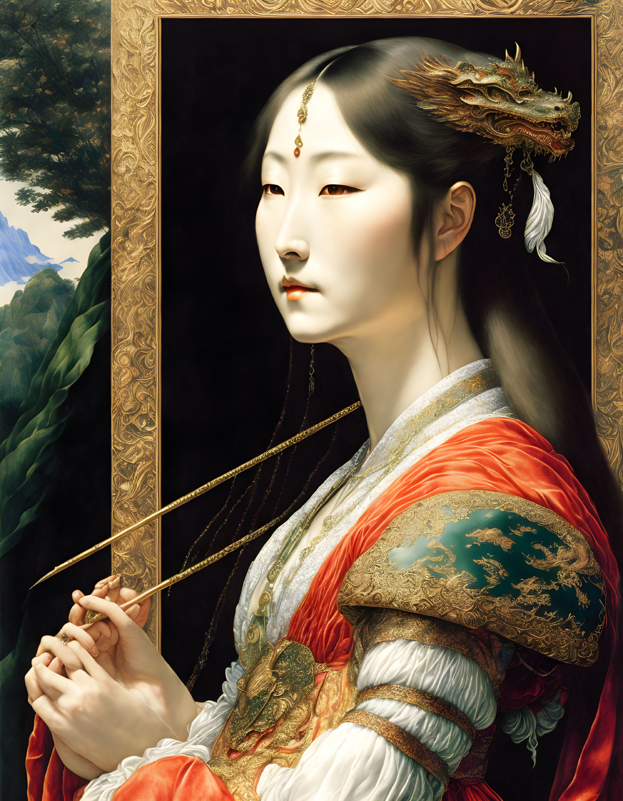 Hyper-realistic painting of East Asian woman in traditional attire with dragon headdress & fan