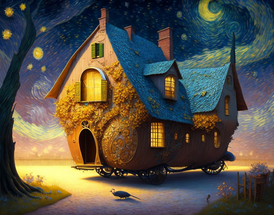 Mobile whimsical house under starry sky with autumn leaves and Van Gogh-style night scene