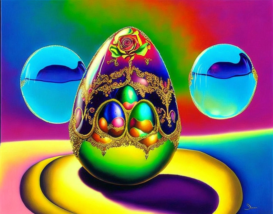 Colorful Artwork: Large Ornate Egg, Smaller Eggs, Abstract Shapes, Floating Bubbles